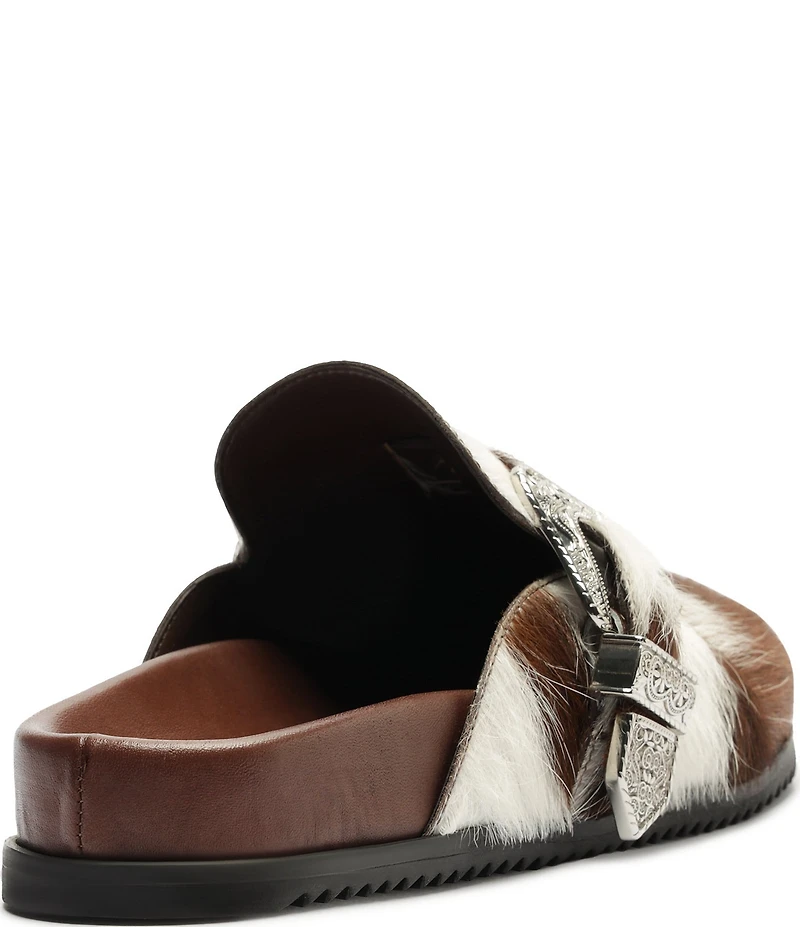 Schutz Grace Cow Print Hair Calf Western Buckle Hardware Clogs