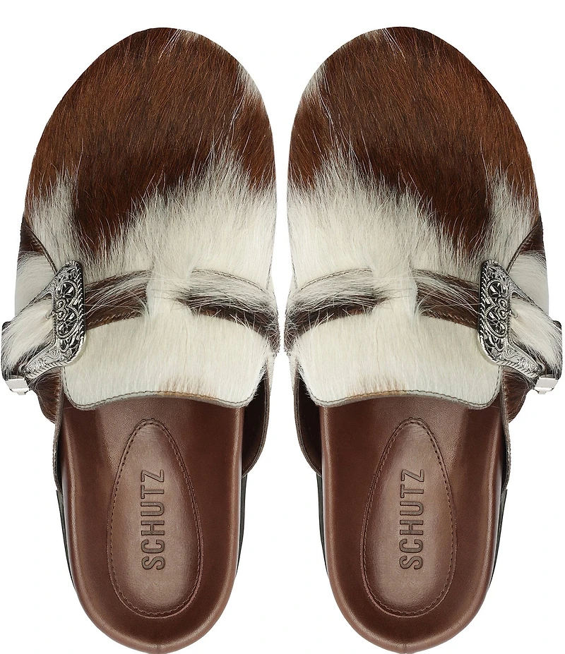 Schutz Grace Cow Print Hair Calf Western Buckle Hardware Clogs