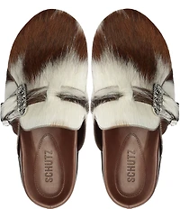Schutz Grace Cow Print Hair Calf Western Buckle Hardware Clogs