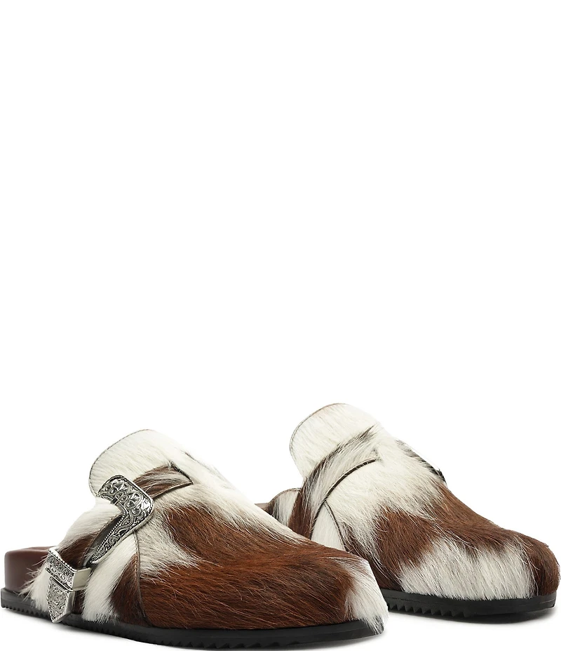 Schutz Grace Cow Print Hair Calf Western Buckle Hardware Clogs