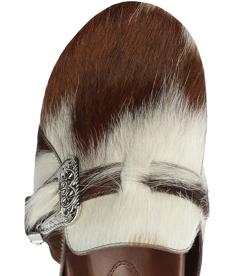 Schutz Grace Cow Print Hair Calf Western Buckle Hardware Clogs