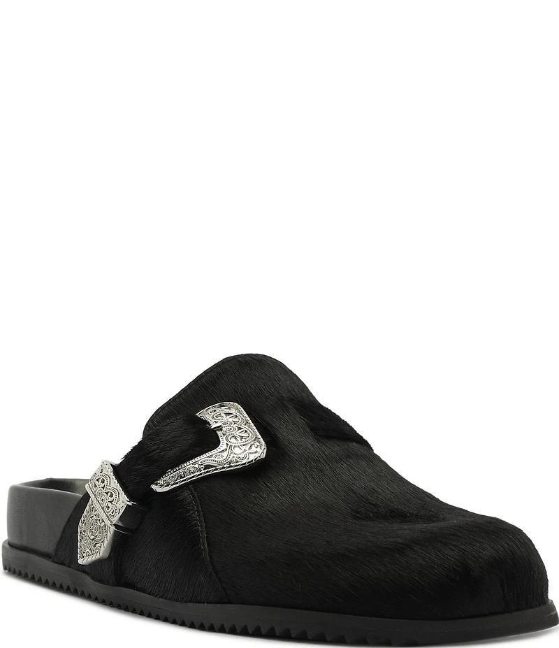 Schutz Grace Hair Calf Western Buckle Hardware Strap Clogs