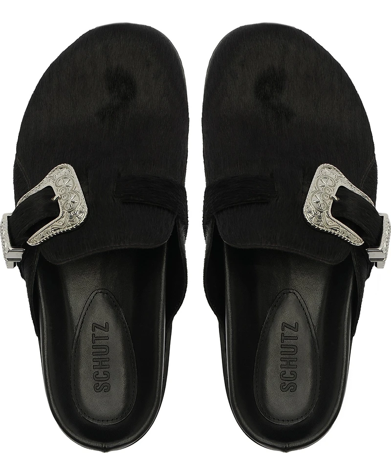 Schutz Grace Hair Calf Western Buckle Hardware Strap Clogs
