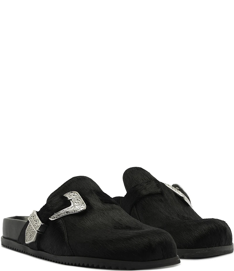 Schutz Grace Hair Calf Western Buckle Hardware Strap Clogs