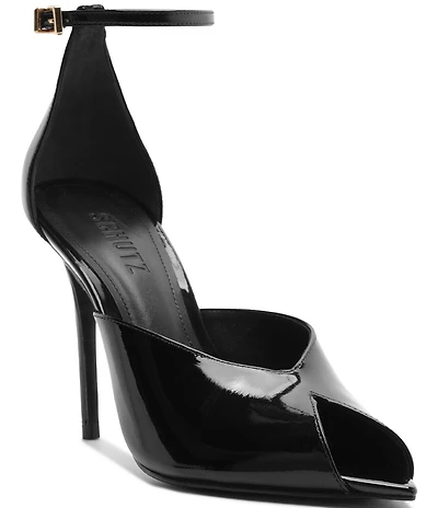 Schutz Ingrid Lace Patent Leather Ankle Strap Pointed Peep Toe Dress Sandals