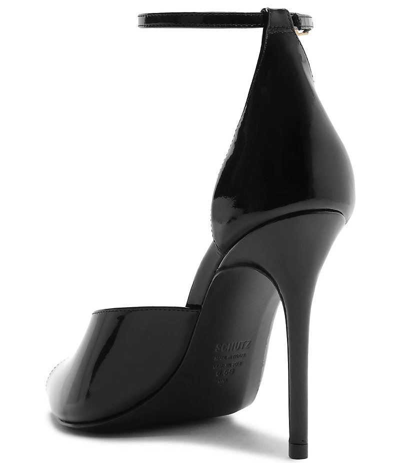 Schutz Ingrid Lace Patent Leather Ankle Strap Pointed Peep Toe Dress Sandals