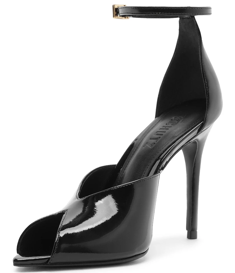 Schutz Ingrid Lace Patent Leather Ankle Strap Pointed Peep Toe Dress Sandals