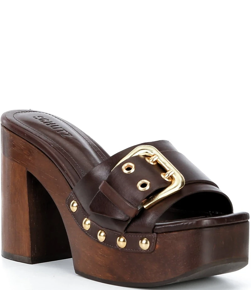 Schutz Irie Platform Leather Buckle Strap Studded Wood Block Heel Platform Slide Sandals