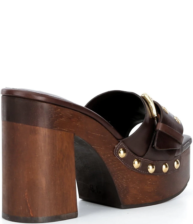 Schutz Irie Platform Leather Buckle Strap Studded Wood Block Heel Platform Slide Sandals