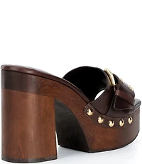 Schutz Irie Platform Leather Buckle Strap Studded Wood Block Heel Platform Slide Sandals