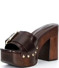 Schutz Irie Platform Leather Buckle Strap Studded Wood Block Heel Platform Slide Sandals