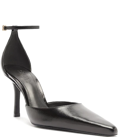Schutz Jenny Leather Ankle Strap Pointed Toe Dress Pumps