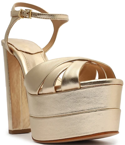 Schutz Keefa High Metallic Leather Platform Block Heel Dress Sandals