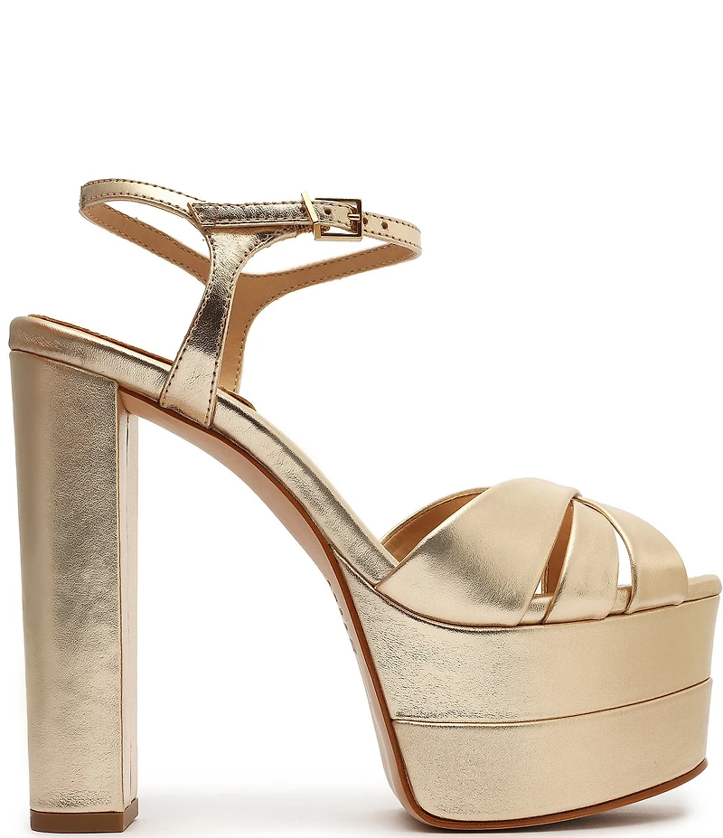 Schutz Keefa High Metallic Leather Platform Block Heel Dress Sandals