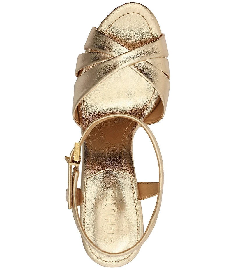 Schutz Keefa High Metallic Leather Platform Block Heel Dress Sandals
