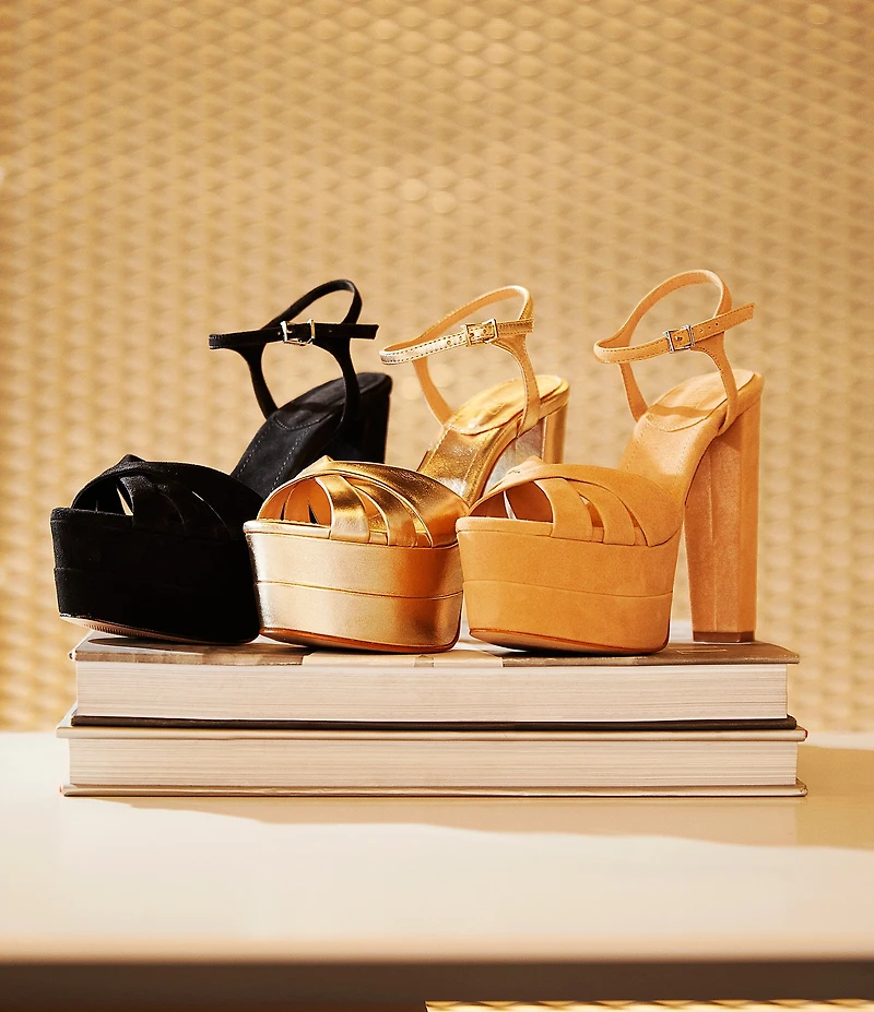 Schutz Keefa High Metallic Leather Platform Block Heel Dress Sandals