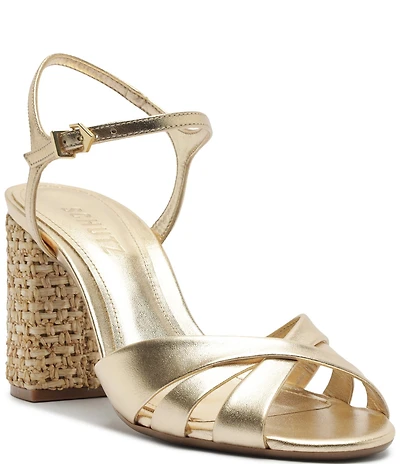 Schutz Keefa Raffia High Block Metallic Leather Sandals