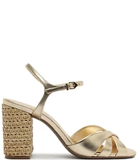 Schutz Keefa Raffia High Block Metallic Leather Sandals