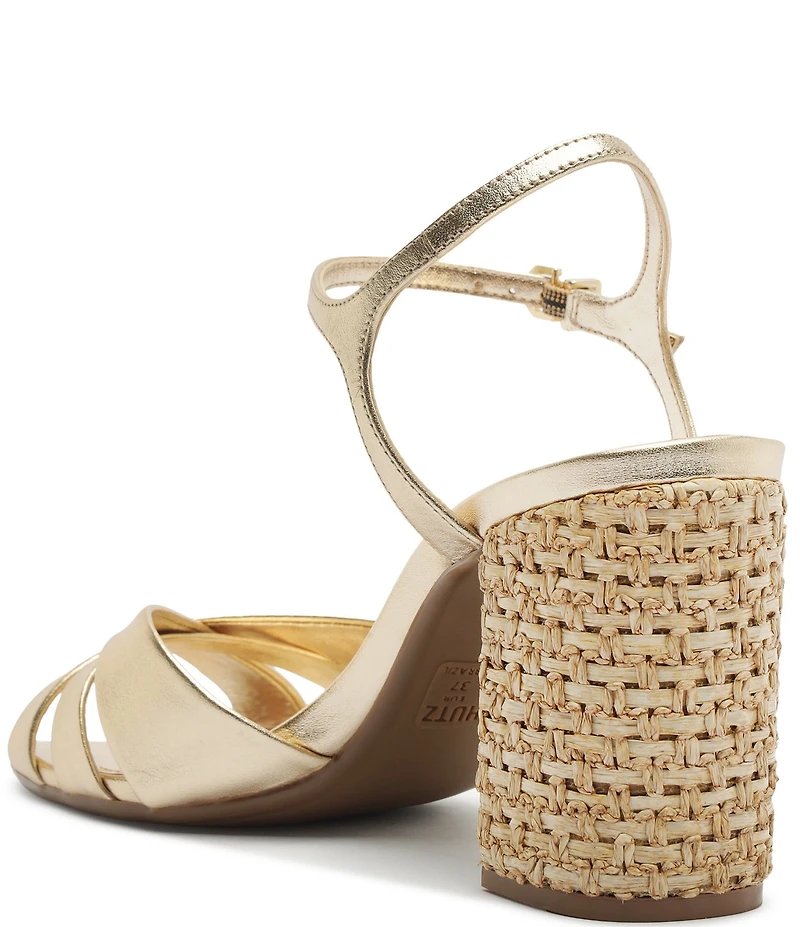 Schutz Keefa Raffia High Block Metallic Leather Sandals