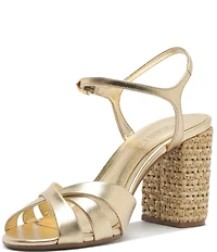 Schutz Keefa Raffia High Block Metallic Leather Sandals
