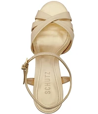 Schutz Keefa Raffia High Block Metallic Leather Sandals