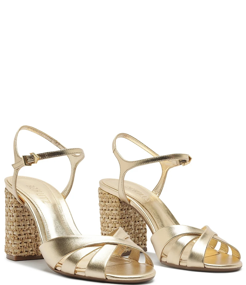 Schutz Keefa Raffia High Block Metallic Leather Sandals