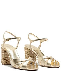 Schutz Keefa Raffia High Block Metallic Leather Sandals