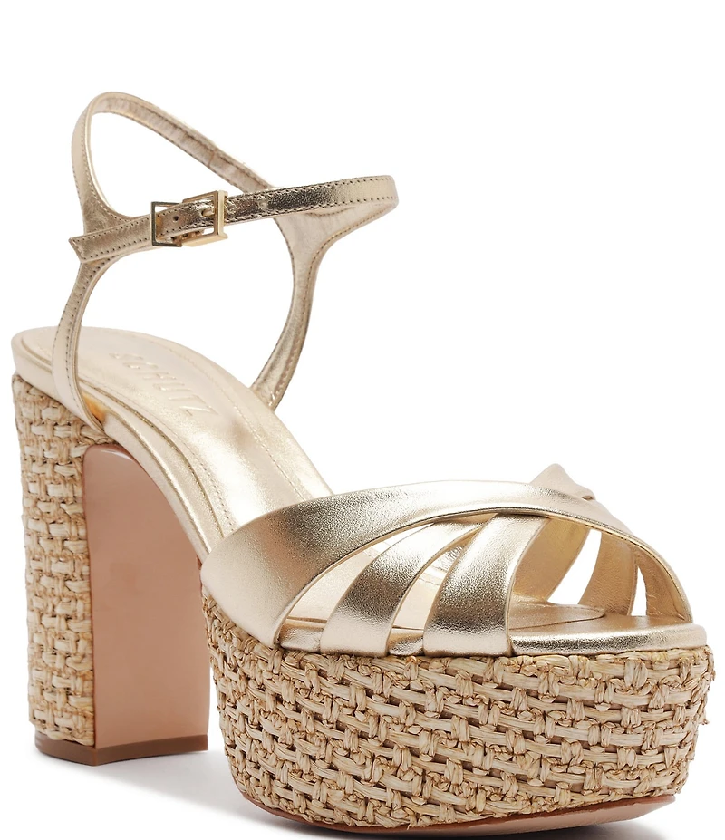 Schutz Keefa Raffia Leather Platform Block Heel Sandals