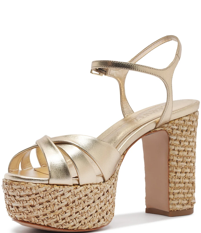 Schutz Keefa Raffia Leather Platform Block Heel Sandals