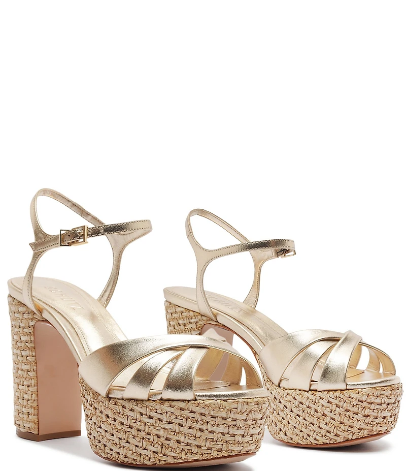 Schutz Keefa Raffia Leather Platform Block Heel Sandals
