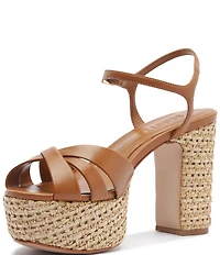 Schutz Keefa Raffia Leather Platform Block Heel Sandals
