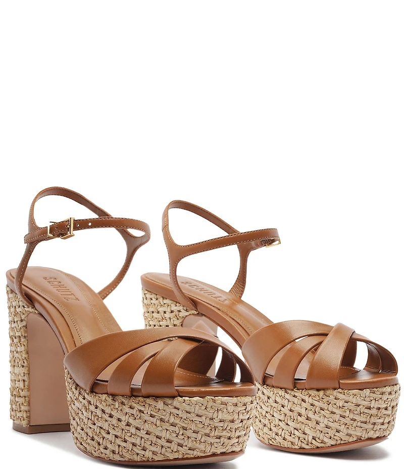 Schutz Keefa Raffia Leather Platform Block Heel Sandals