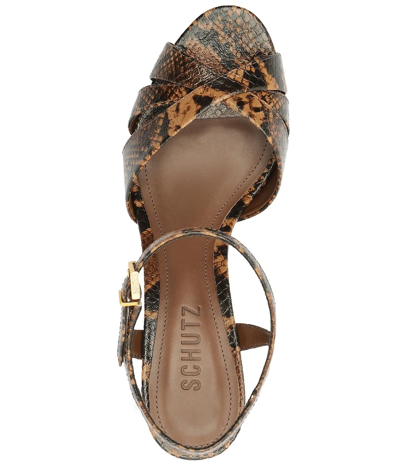 Schutz Keefa Snake Print Leather Platform Block Heel Sandals