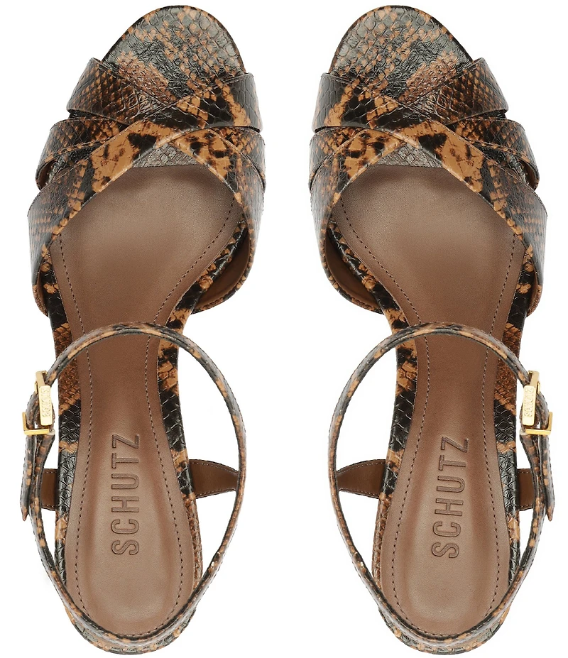 Schutz Keefa Snake Print Leather Platform Block Heel Sandals