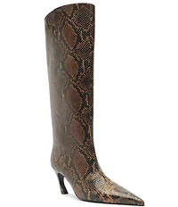 Schutz Lexi Mid Snake Print Leather Pointed Toe Tall Boots
