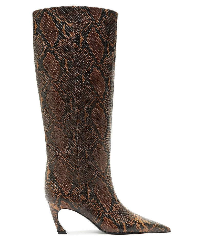 Schutz Lexi Mid Snake Print Leather Pointed Toe Tall Boots