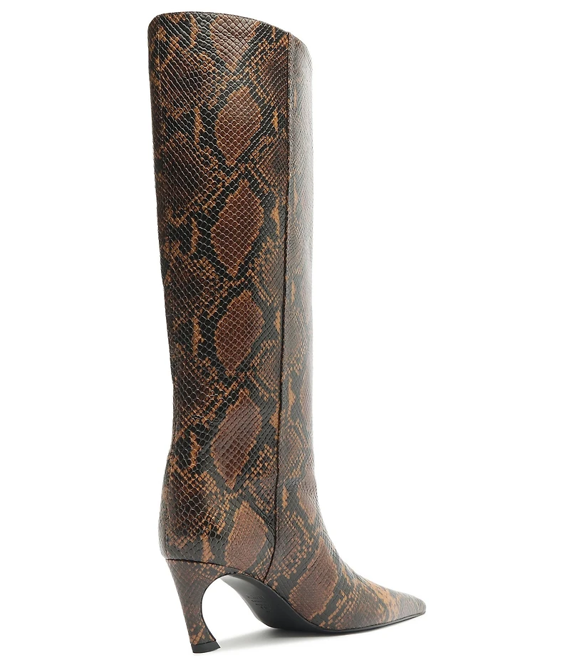 Schutz Lexi Mid Snake Print Leather Pointed Toe Tall Boots