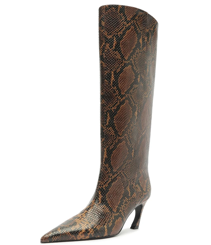 Schutz Lexi Mid Snake Print Leather Pointed Toe Tall Boots
