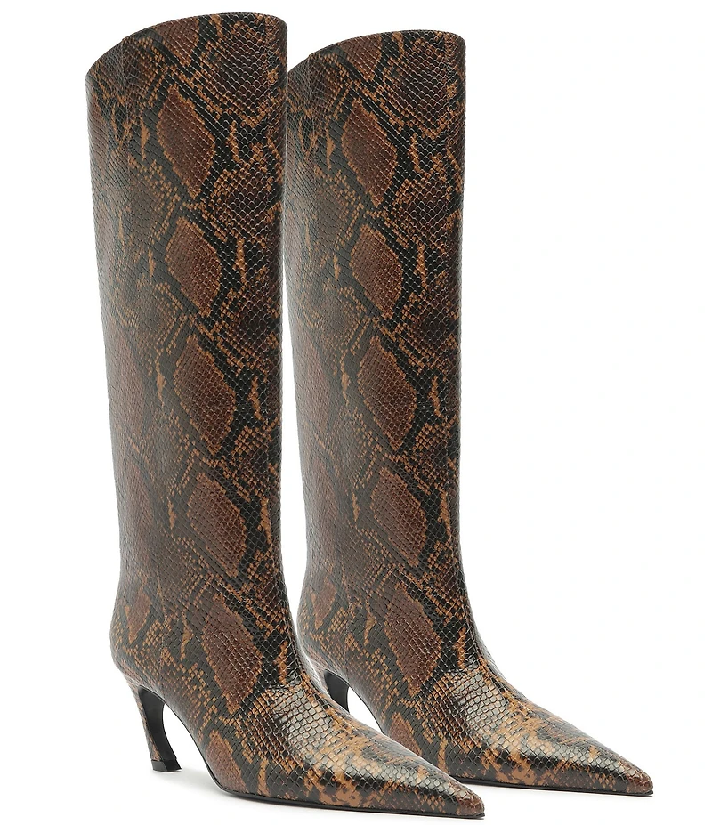 Schutz Lexi Mid Snake Print Leather Pointed Toe Tall Boots