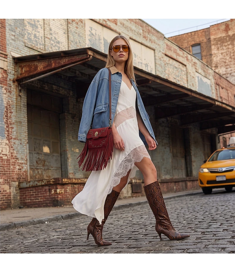 Schutz Lexi Mid Snake Print Leather Pointed Toe Tall Boots