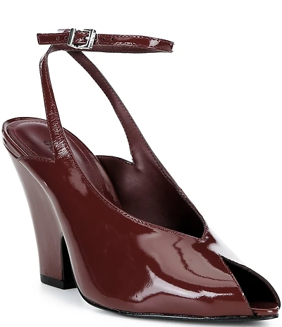 Schutz Liv Patent Leather Pointed Peep Toe Ankle Strap Sculpted Wedge Pumps