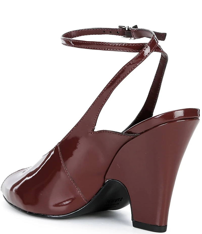 Schutz Liv Patent Leather Pointed Peep Toe Ankle Strap Sculpted Wedge Pumps