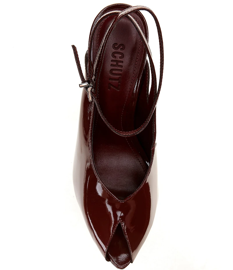 Schutz Liv Patent Leather Pointed Peep Toe Ankle Strap Sculpted Wedge Pumps