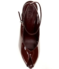 Schutz Liv Patent Leather Pointed Peep Toe Ankle Strap Sculpted Wedge Pumps