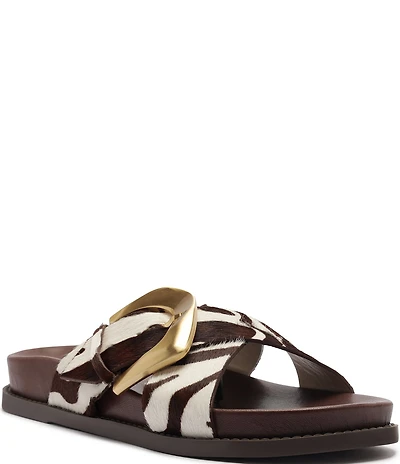 Schutz Lois Sporty Animal Print Fur Big Buckle Hardware Slide Sandals
