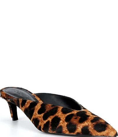 Schutz Loren Leopard Print Calf Hair Pointed Toe Kitten Heel Dress Mules