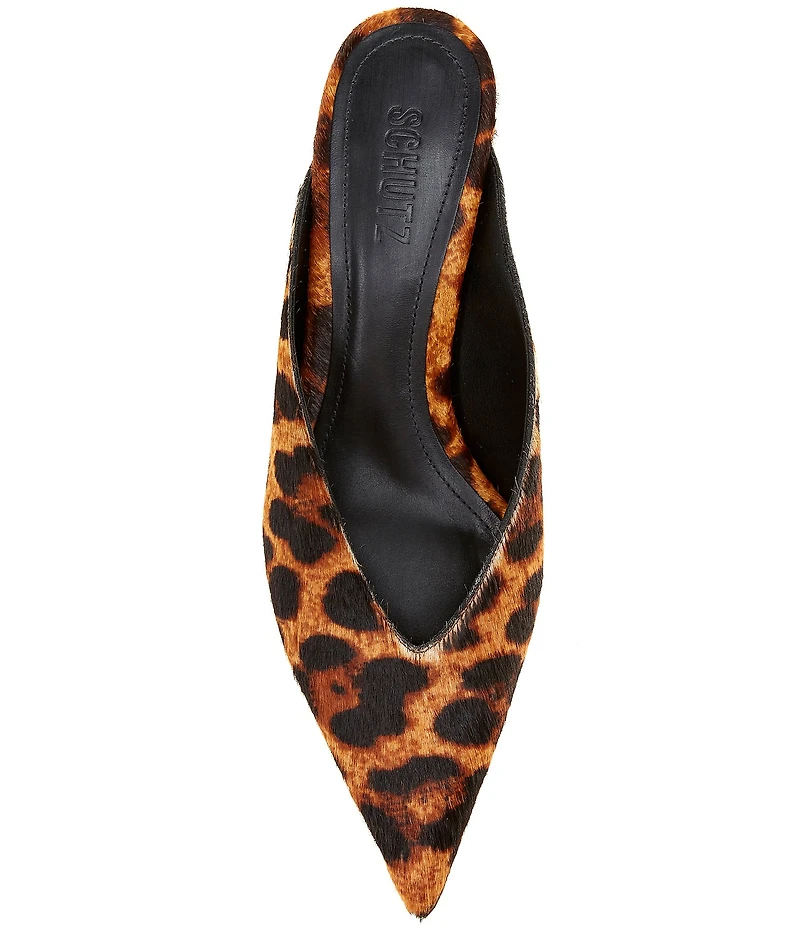 Schutz Loren Leopard Print Calf Hair Pointed Toe Kitten Heel Dress Mules