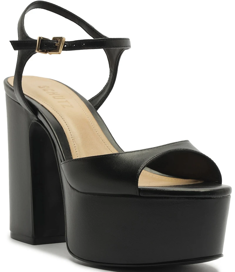 Schutz Lys Leather Ankle Wrap Platform Block Heel Sandals