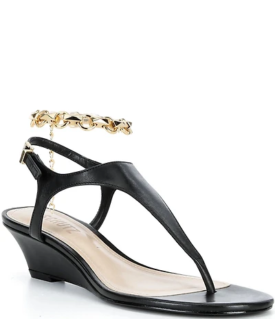 Schutz Lys Wedge Leather Ankle Chain Slingback Thong Sandals