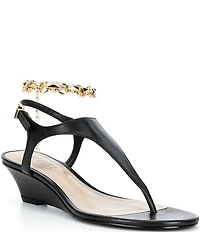 Schutz Lys Wedge Leather Ankle Chain Slingback Thong Sandals